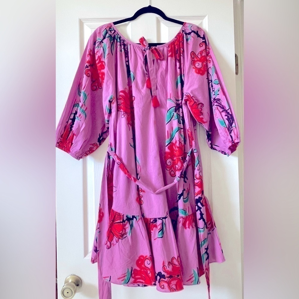 Ro’s Garden Vera Pink Floral Puff Sleeve Mini Dress Tie Waist Ruffle Hem Size M - Picture 5 of 16